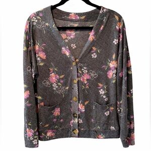 Button-Front Cardigan - Gray with Pink Floral